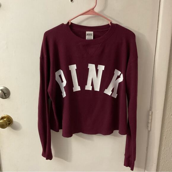 PINK Victoria Secret Long Sleeve Crewneck Cropped Thermal Boxy T-Shirt Casual - Picture 1 of 12